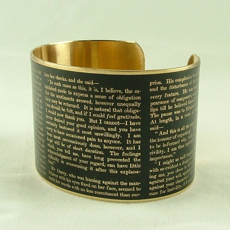 Jane Austen Pride and Prejudice Literary Brass Bracelet Cuff in Black