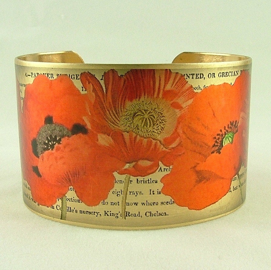 Poppy Flower Brass Cuff Bracelet - Pretty Orange Poppies