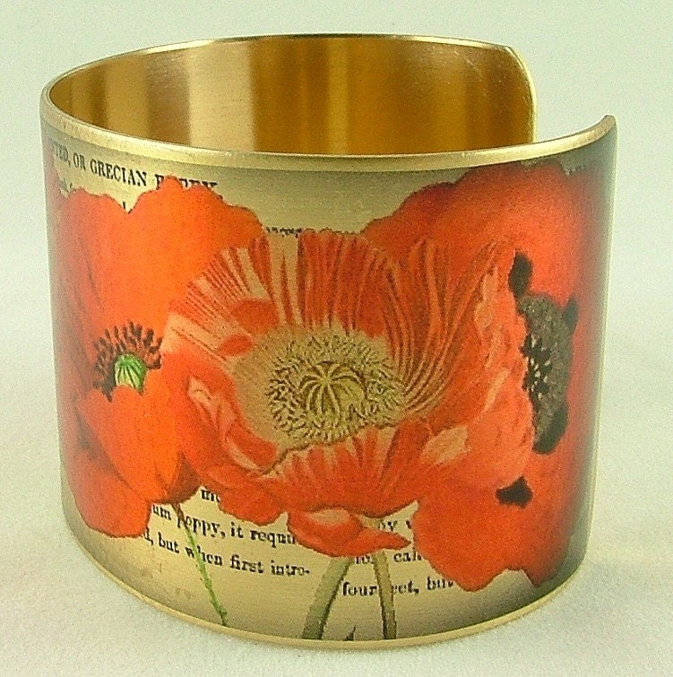 Poppy Flower Brass Cuff Bracelet - Pretty Orange Poppies