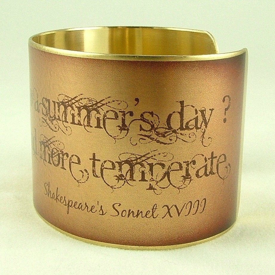 William Shakespeare Sonnet 18 'Compare Thee to a Summer's Day' Love Poem Literary Art Brass Cuff Bracelet