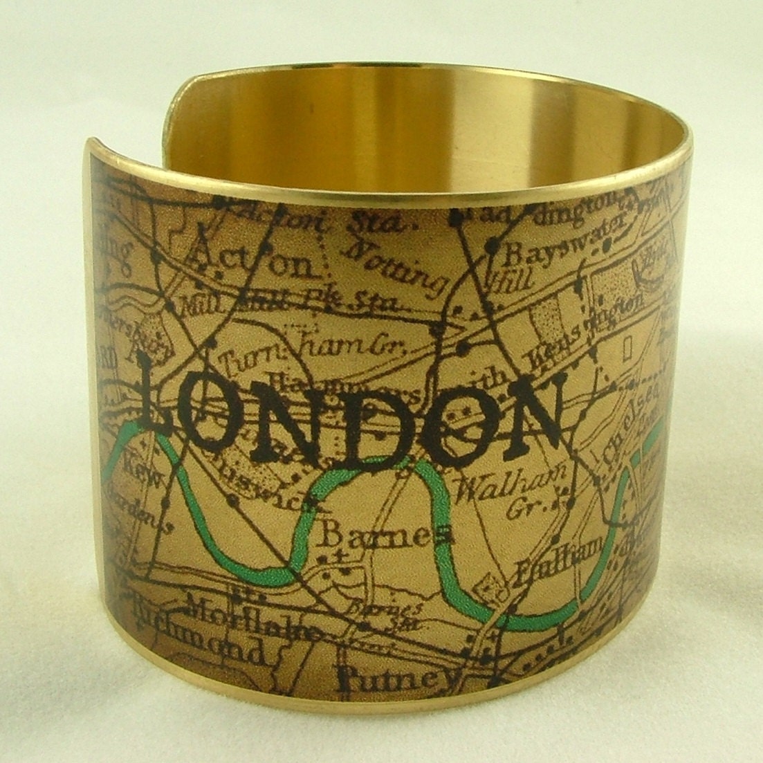 Vintage London Map with the River Thames Brass Cuff Bracelet - Map Jewelry - London Olympics 2012