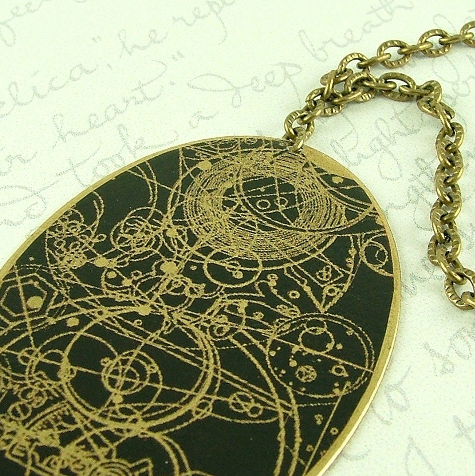 Steampunk Brass Necklace with Gallifreyan Time Lord Symbols in Black