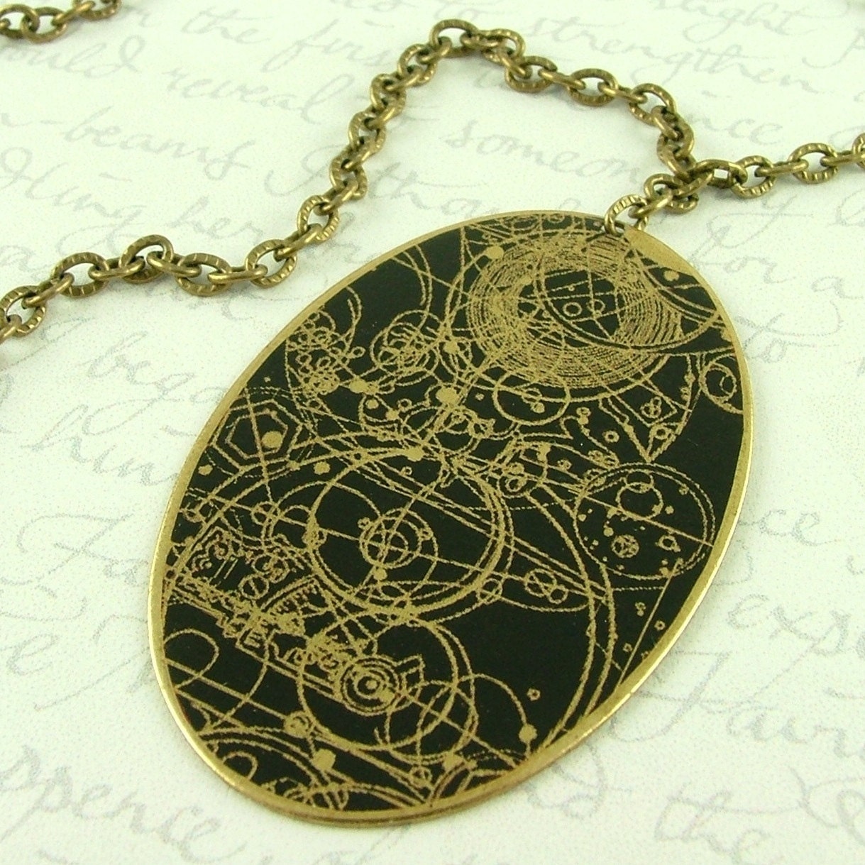 Steampunk Brass Necklace with Gallifreyan Time Lord Symbols in Black