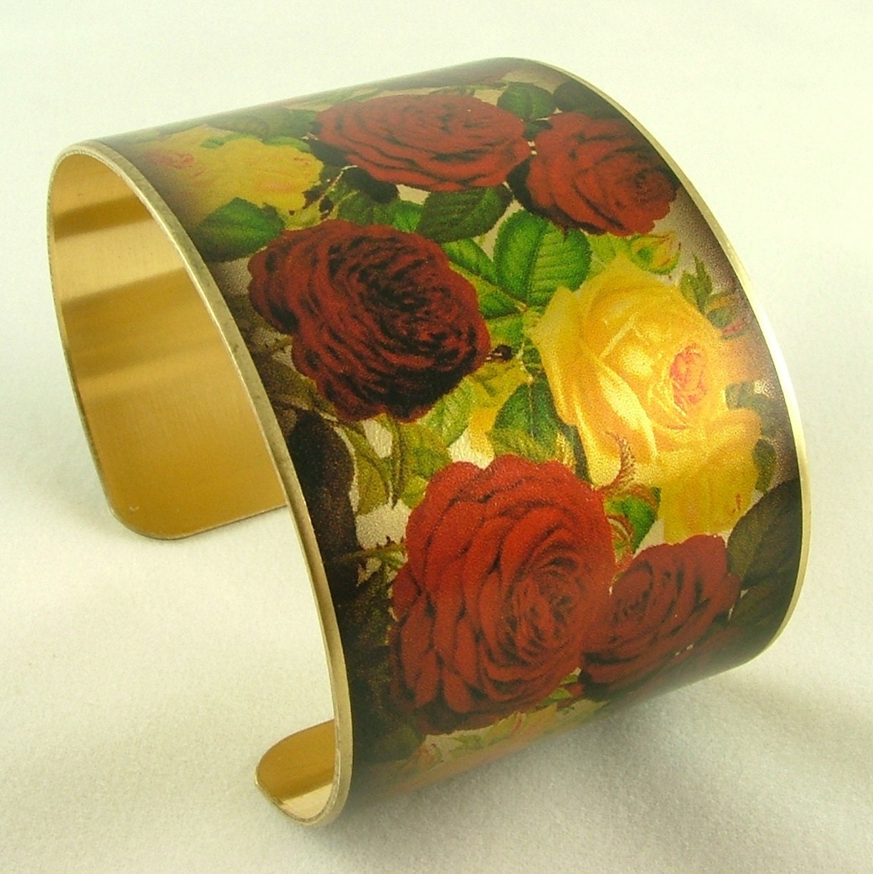 Red Roses Jewelry - Brass Cuff Bracelet with Flowers