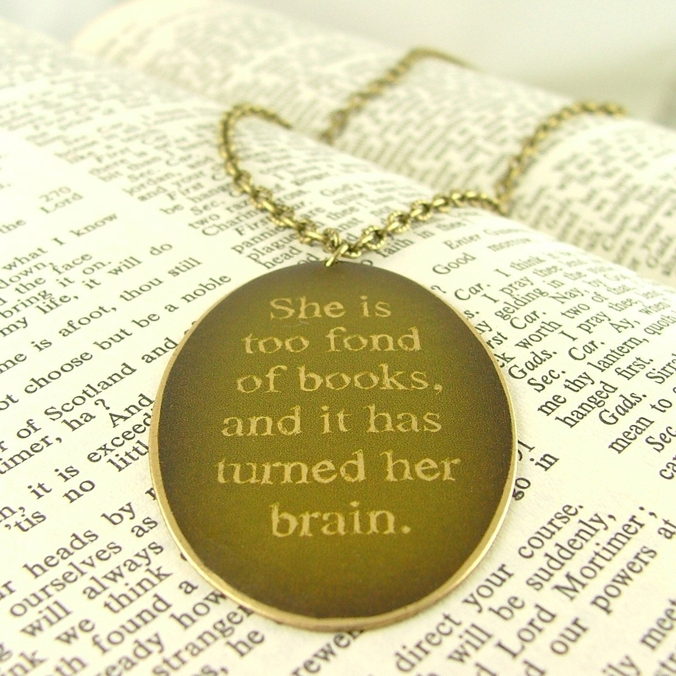 Louisa May Alcott Literary Quote Brass Necklace - She Is Too Fond Of Books