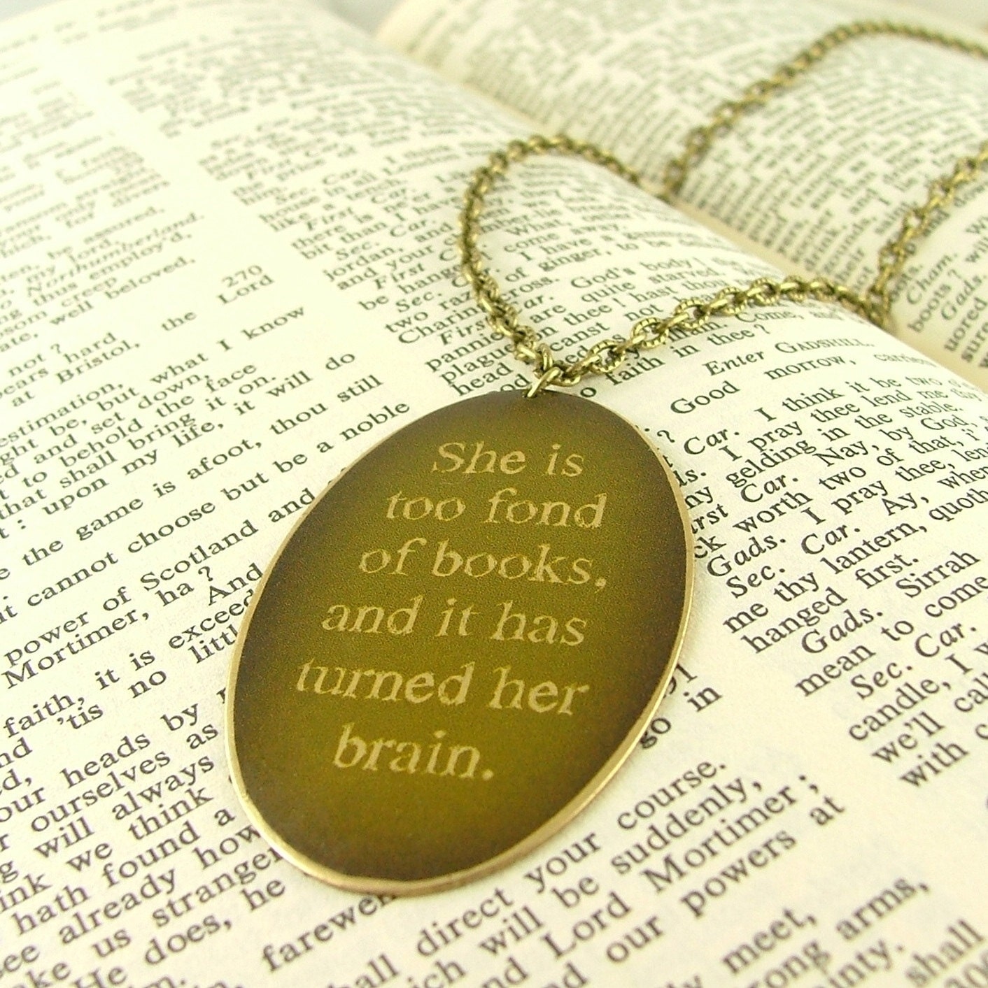 Louisa May Alcott Literary Quote Brass Necklace - She Is Too Fond Of Books