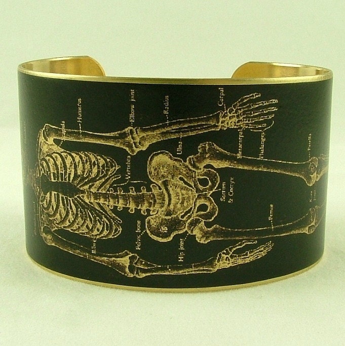 Anatomical Human Skeleton Brass Cuff Bracelet in Black - Doctor Jewelry