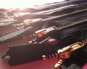 Brass Zippers- 14 inch closed bottom ykk gold colored metal teeth zips- (5) pieces - Black 580