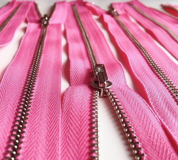 Metal Zippers- 12 inch closed bottom ykk nickel teeth zips- (5) pieces - Flamingo Pink 335