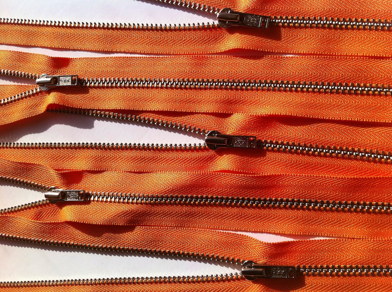Metal Zippers- 9 inch closed bottom ykk nickel teeth zips- (5) pieces - Orange 006