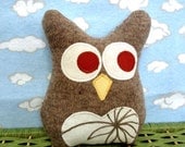 Owl Pillow Plush - Recycled Wool  - Tan Embroidered