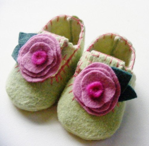 The Floral Clog Baby Shoes in Spring Green and Pink Violet - ShesSoCraftyGoods1