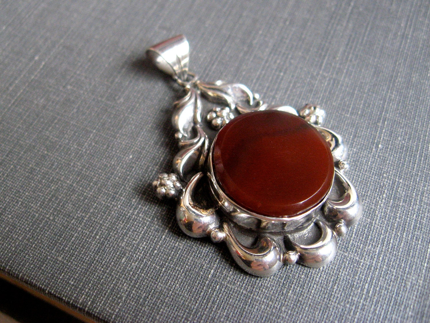 Silver Carnelian Pendant Sterling Repousse Vintage Nouveau Style