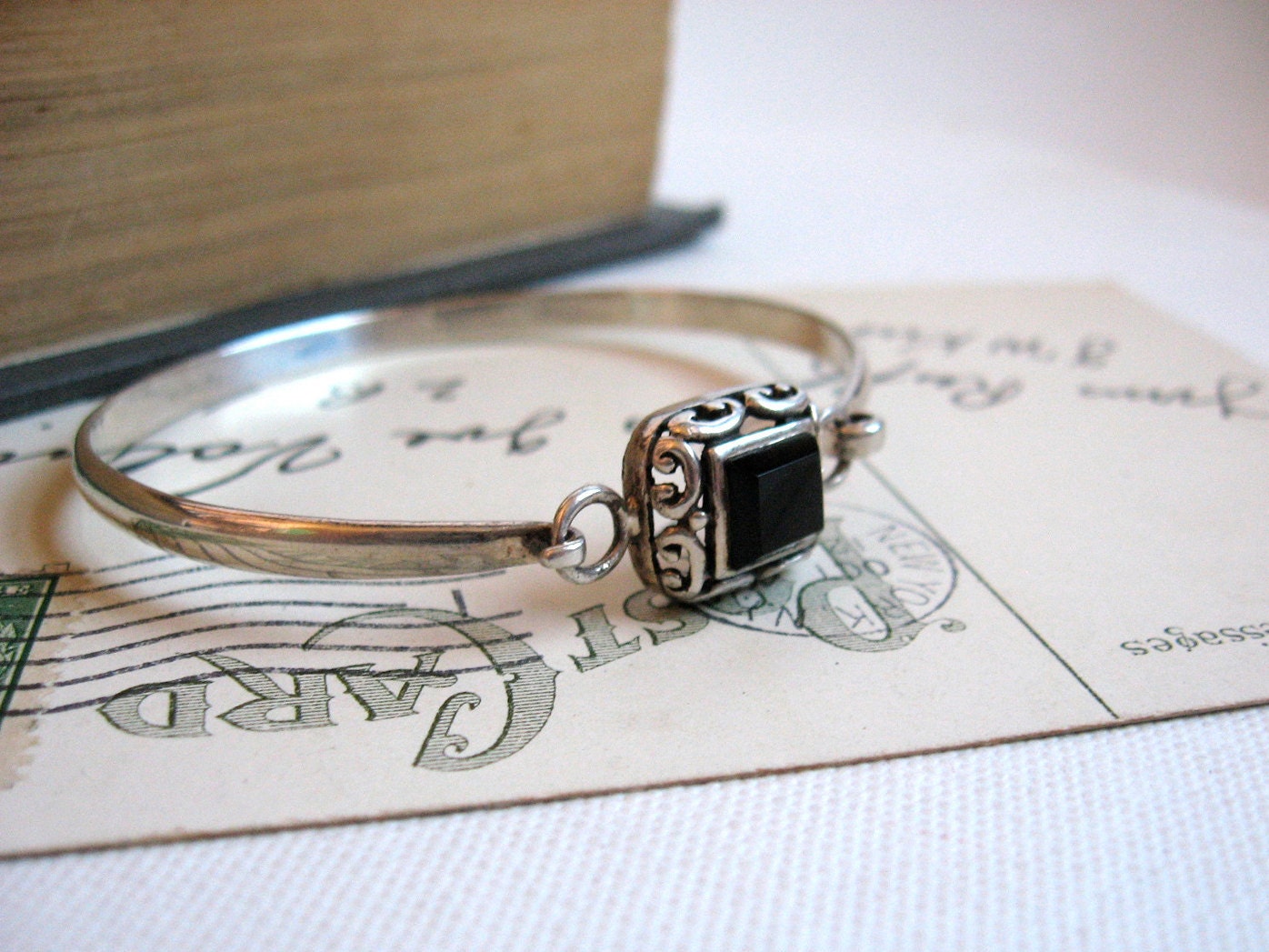 Silver Onyx Bracelet Vintage Sterling & Onyx