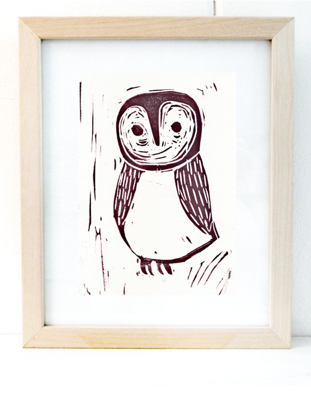 Original Owl Illustration Relief Print in Raw Sienna