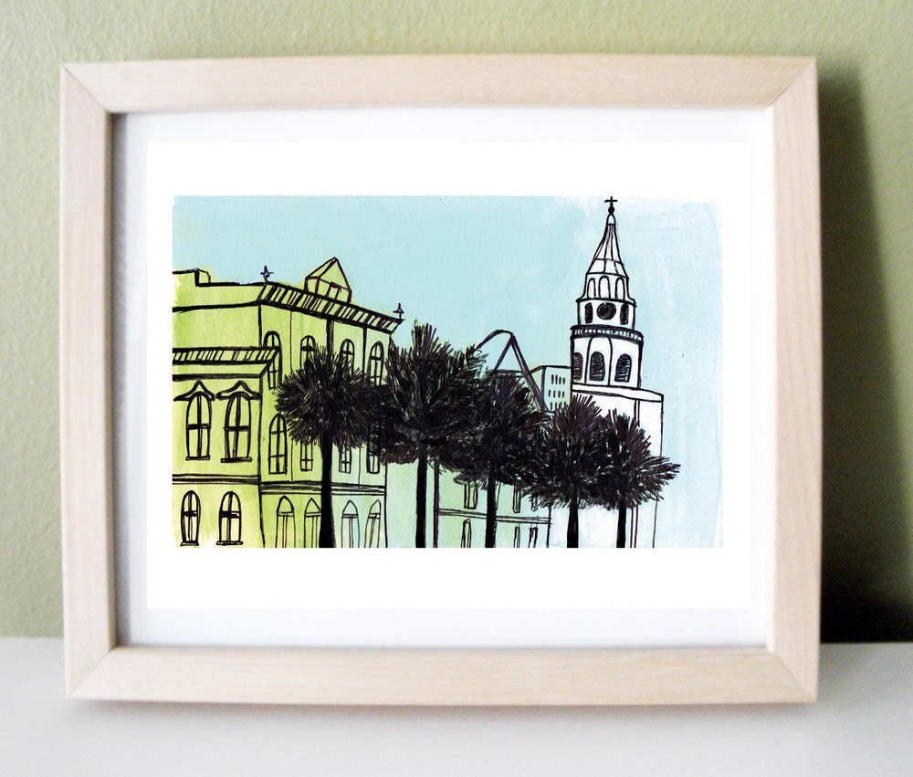 Charleston City Scape Print Green, Blue, and White