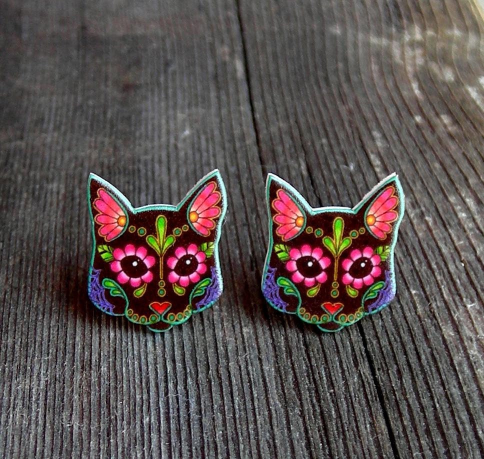 Day of the Dead Sugar Skull Kitty Cat Post Earrings