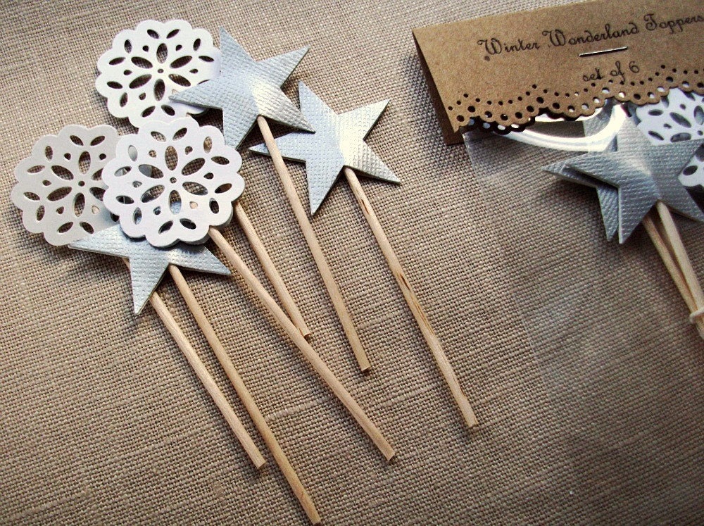 Silver Star and Lace Doily Cake Topper Decorations - Winter Wonderland Cupcake Toppers