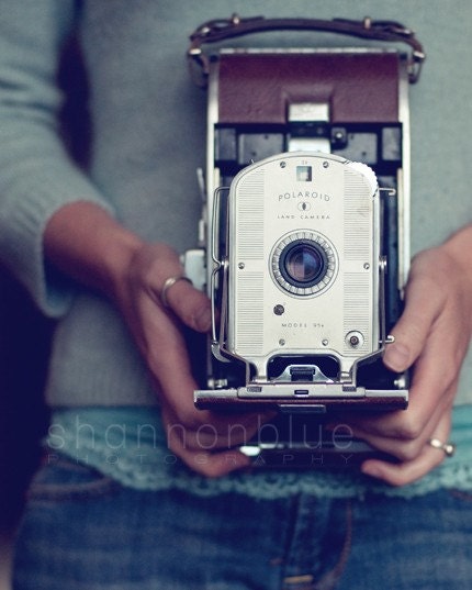 vintage polaroid camera photograph / hands, photographer, 95a, robins egg blue / her camera / 8x10 fine art photograph