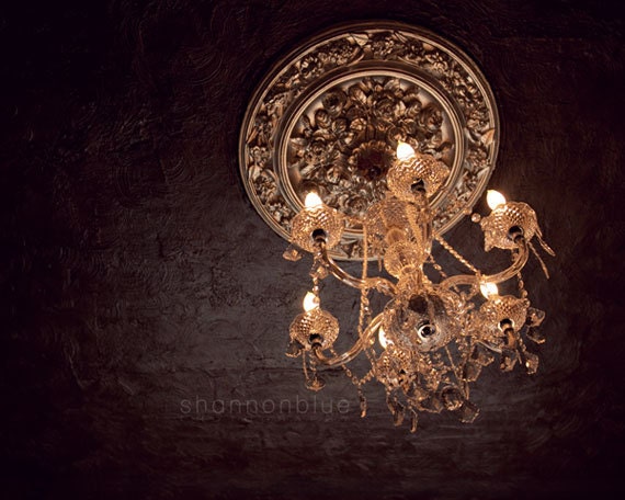 vintage chandelier photograph / moody, dark, gold, golden, chocolate, brown, glow, light, bronze, crystal / chandelier / 8x10