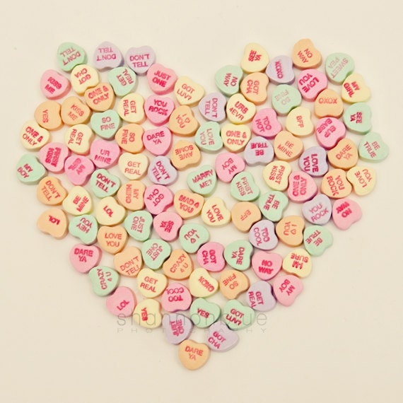 whimsical candy heart photograph / conversation heart, love, romantic, message, valentine's day, pattern / heart to heart / 8x8