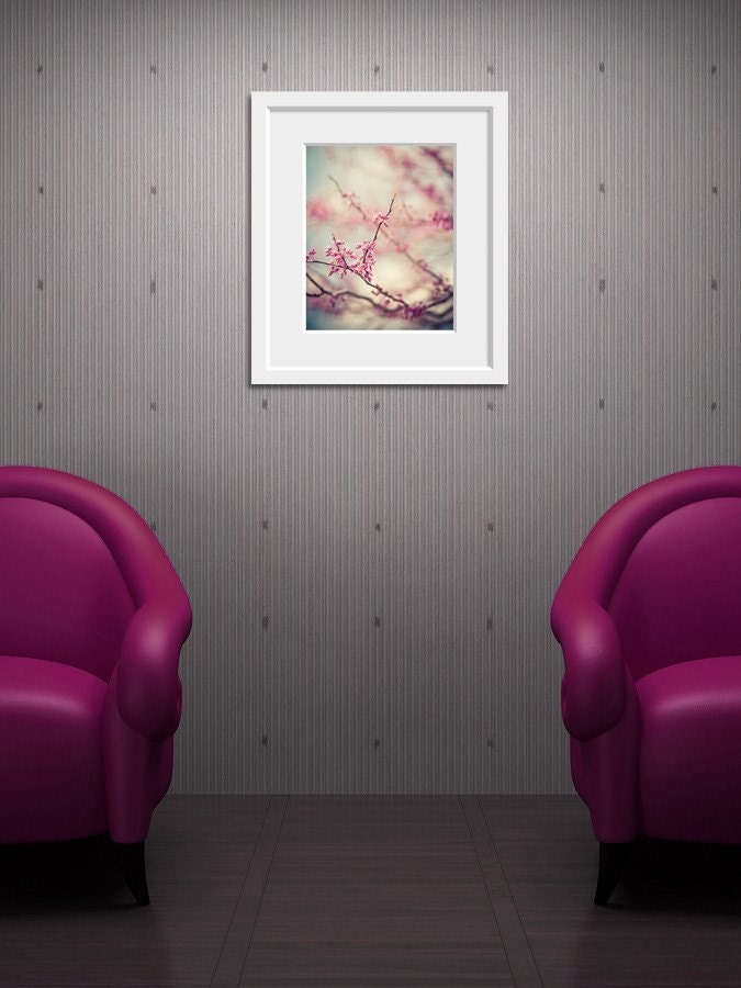 zen pink blossom spring nature photograph / bloom, flower, redbud, robins egg blue / a pink day / 8x10 fine art photo