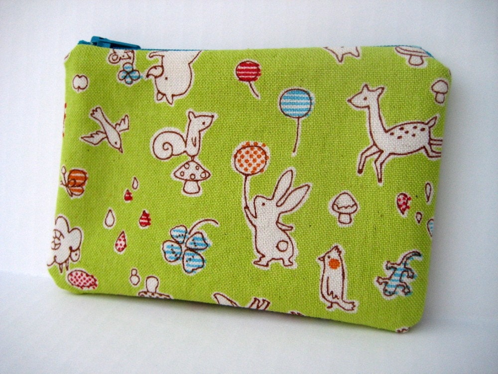 Green Kawaii zipper pouch with animals