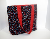 Tote Bag- Blue and red dots on black, with pocket and magnetic snap