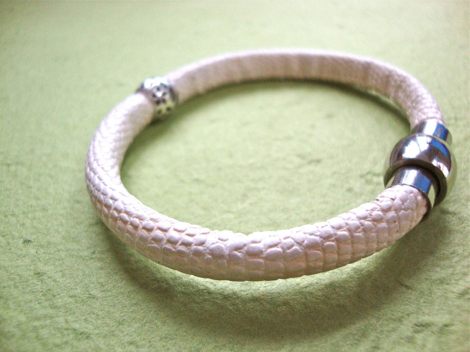 White leather bracelet Sterling silver Accent AWARENESS jewelry