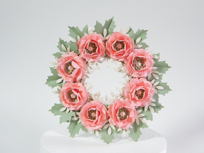 Paper Rose and Leaf  Wreath Wedding Cake Topper