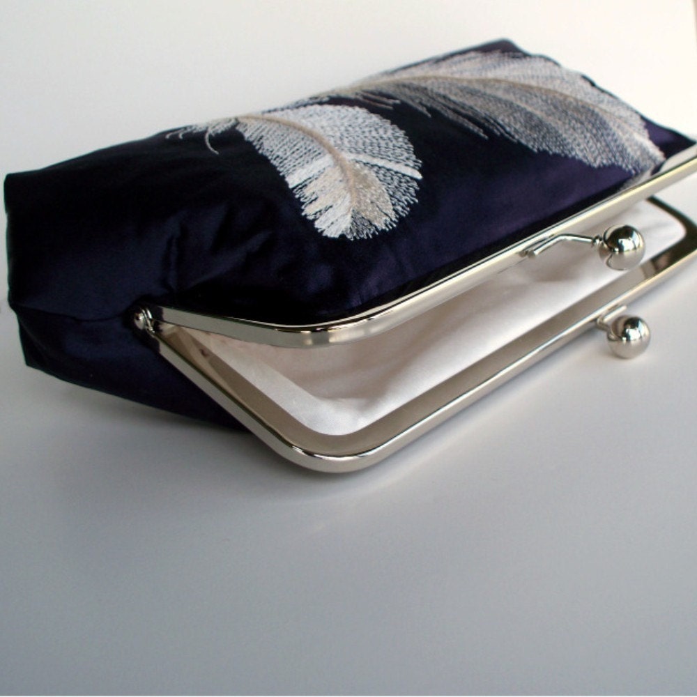 Pure Silk Embroidered Feathers Clutch in Navy Blue and Ivory