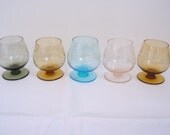 SALE Antique Vintage Tiny Cordial Glasses with Etched Rose Design Set of 5 Different Colors Hand Blown