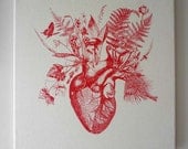 Growing Human Heart silk screened natural canvas wall hanging 18x18 red