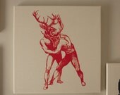 Bucks brawling silk screened cotton canvas wall hanging red natural