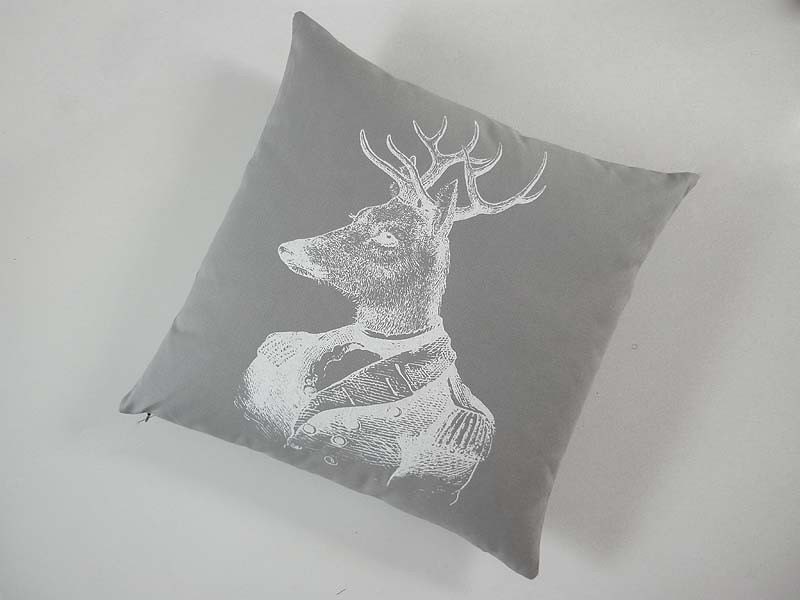 General Deer silk screened cotton canvas throw pillow 18x18 gray white