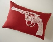 Colt Revolver silk screened cotton canvas throw pillow 12x18 red white