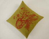 Growing Human Heart silk screened cotton canvas throw pillow 18 inch avocado green red
