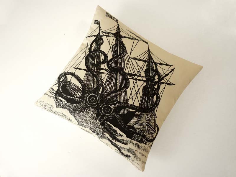 Giant Octopus silk screened cotton canvas throw pillow 18 inch black