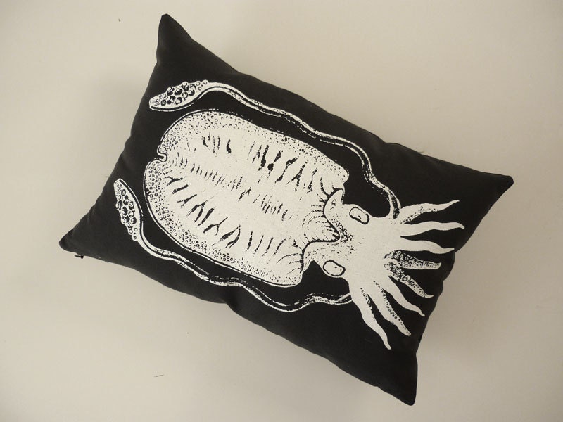 Cuttlefish Squid silk screened cotton canvas throw pillow 18x12 white on black