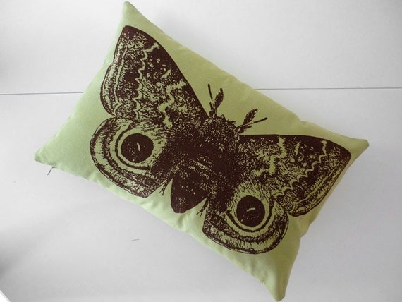 Giant IO Moth silk screened cotton canvas throw pillow toile 18x12 apple green brown