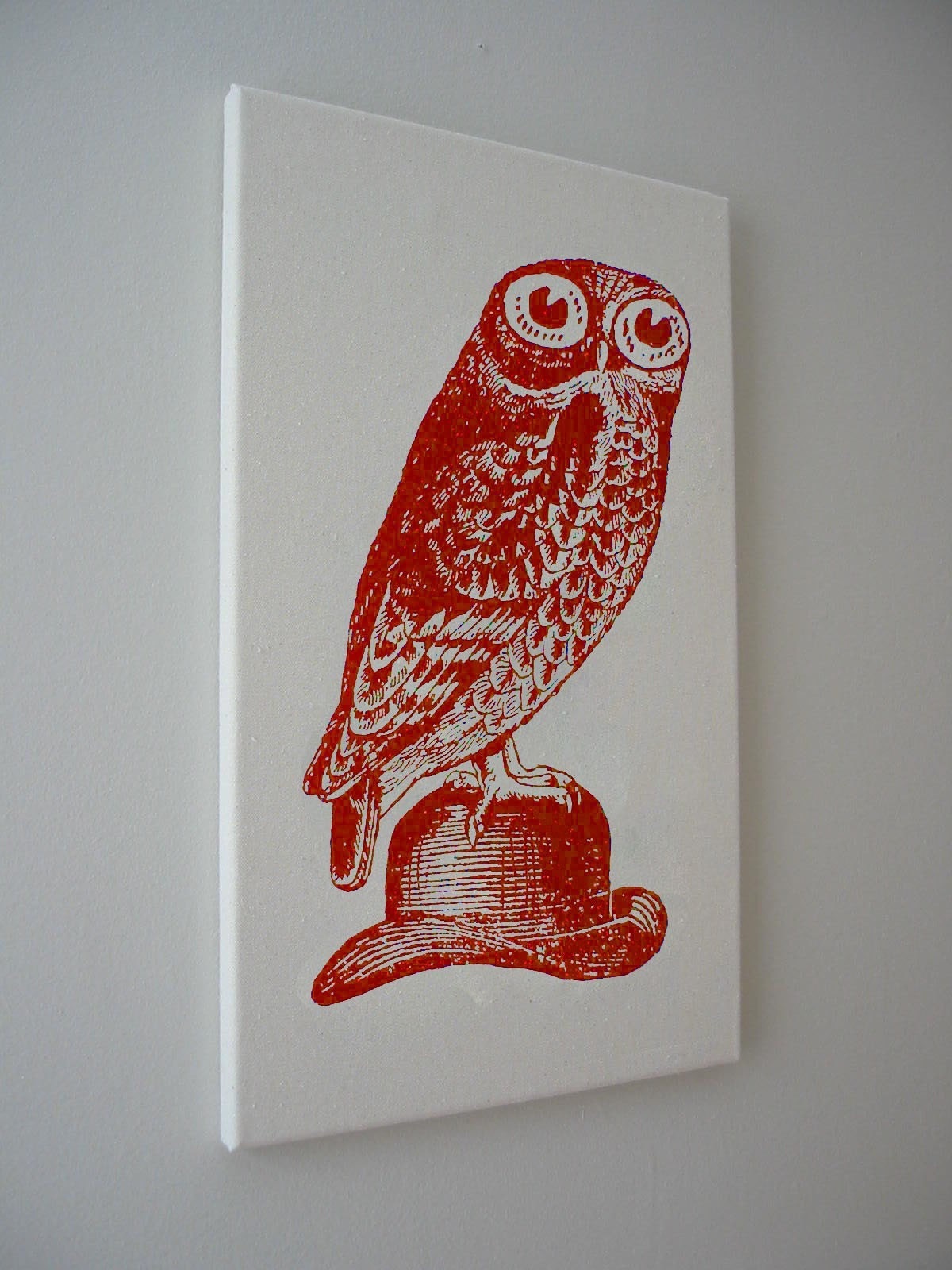 Owl on Bowler Hat silk screened canvas wall hanging 18x12 RED
