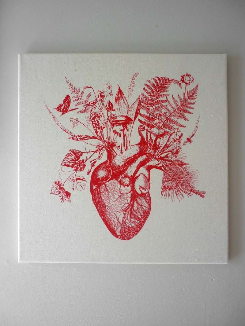 Growing Human Heart silk screened natural canvas wall hanging 18x18 red