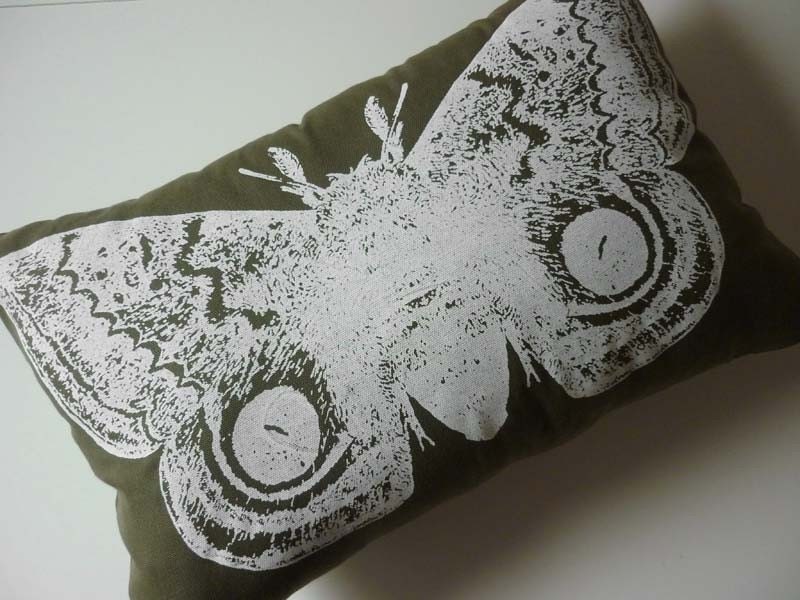 Giant IO Moth silk screened cotton twill throw pillow 18x12 White on Moss