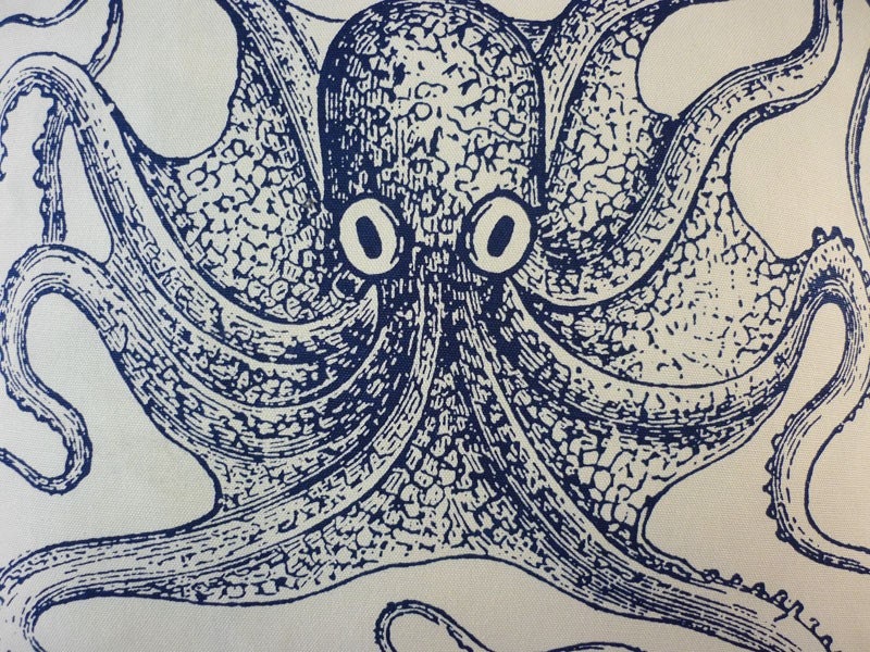 Vintage Octopus silk screened cotton throw pillow 18 inch navy unbleached