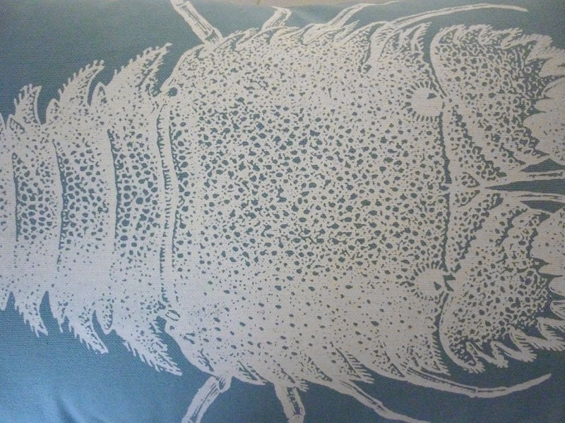 Slipper Lobster silk screened cotton throw pillow 18x12 teal blue white