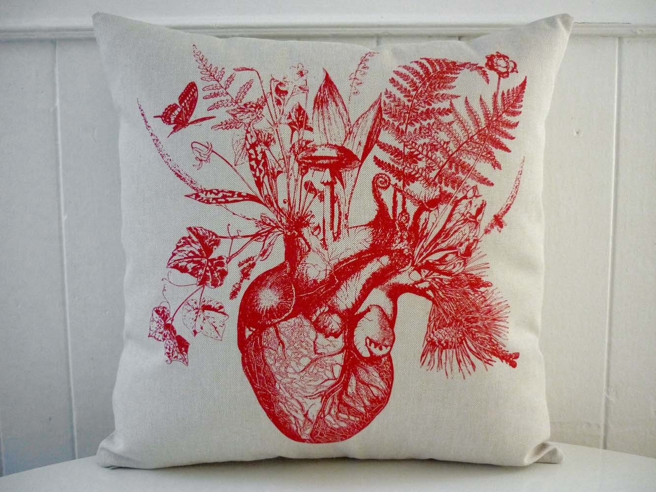 Growing human heart silk screened cotton canvas throw pillow 18 inch red