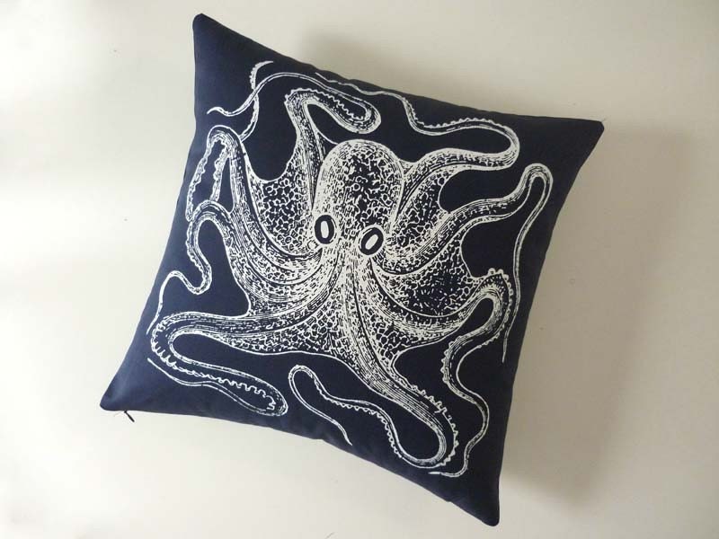 Vintage Octopus silk screened cotton canvas throw pillow 18 inch navy blue white