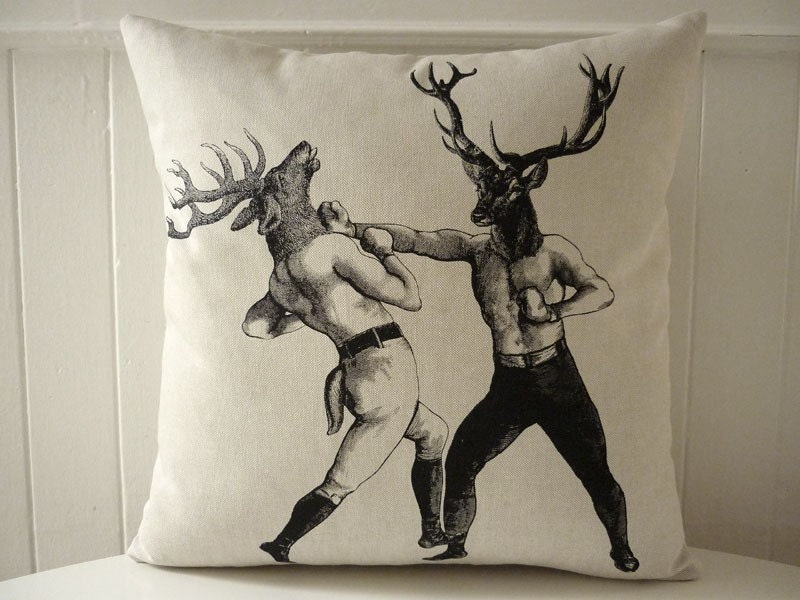 As seen in Elle Decor Magazine Boxing Deer Bucks silk screened cotton canvas throw pillow 18 inch black