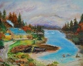 Cabin Cabins Original Acrylic Painting Lake Mountains Mountain Boat Painting Cabin Paintings Mountain Cabin "Grandpas Cabin" Original 11x14
