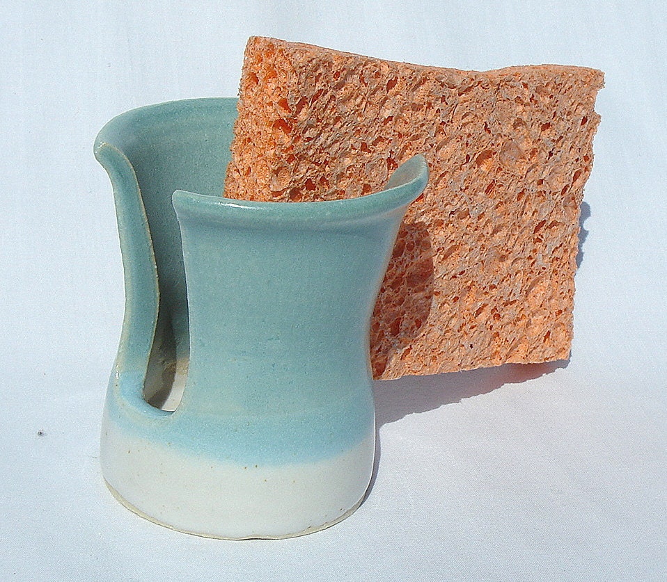 Aqua Blue Kitchen Sink Sponge Holder in White Ceramic